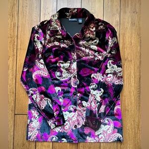 Denim&Co Black and Purple Paisley Velvet Button-Up Shirt Size M